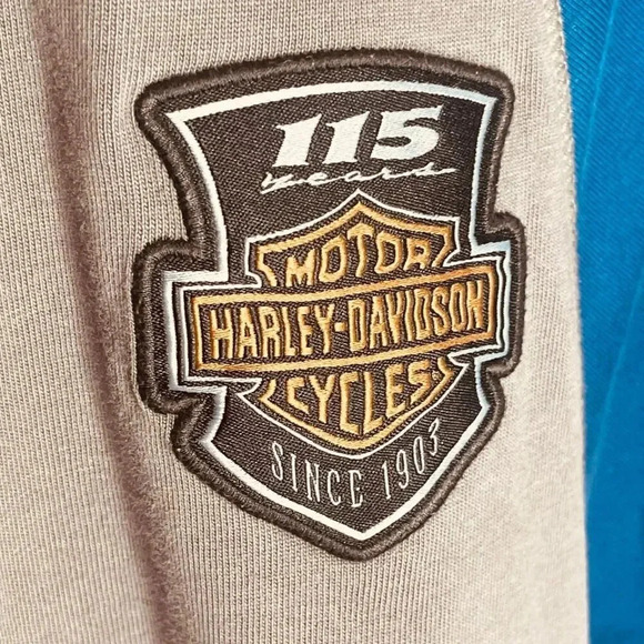 Vintage Motor Harley-Davidson Blue, Gray, & Black Cycles Clothes LS Shirt - Picture 8 of 13